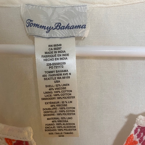 Tommy Bahama White Tunic with Coral and Pink Embroidery Linen Blend - Picture 2 of 8